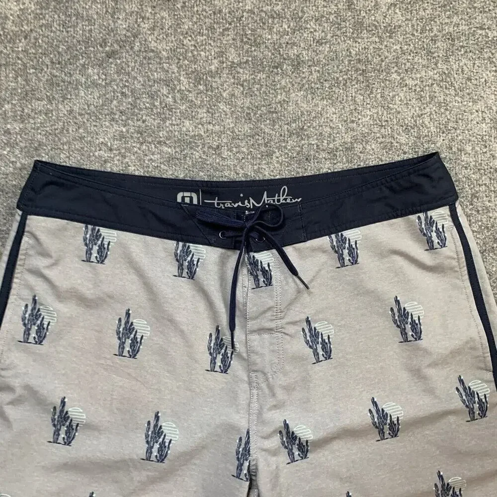 Travis Mathew Board Shorts Mens 38 Grey Navy Sand In My Beer Cactus Surfing Swim